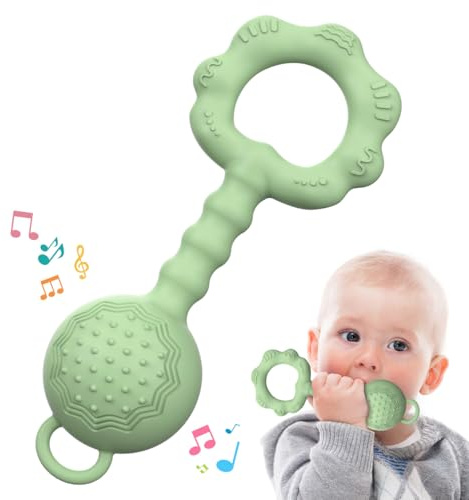 Teethers for Babies 6-12 Months, Baby Rattles 0-6 Months, 2-in-1 Rattle and Teether Toy for Soothing Sore Gums and Keeps Little Ones Entertained, Food Grade Silicone, Green