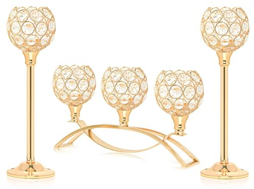 Crystal Tealight Candle Holder Centerpiece Home Decorative Candlestick Holder Elegant Table Centerpiece Home Decor Wedding Party Anniversary (Gold, Set of 3)