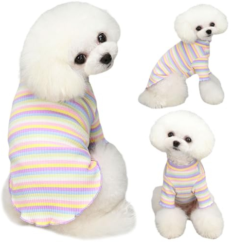 Yaopelky Hundebekleidung für kleine und mittelgroße Hunde, Regenbogen-gestreift, dehnbar, langärmelig, Katzen-T-Shirt, Haustier-Outfits für Chihuahua, Yorkie, Teddy (violetter Rand, S)