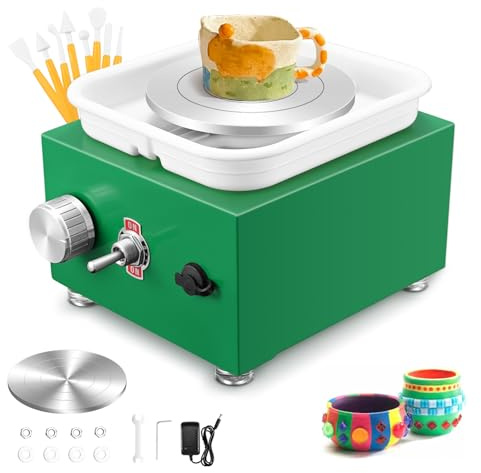 Mini Electric Pottery Wheel, Couleeur 2000RPM & 10/6.5cm Plates Turntable Pottery Wheel, Adjustable Speed Kids Pottery Wheel with Shaping Tools for Pottery DIY Shops, Pottery Teaching(Green)
