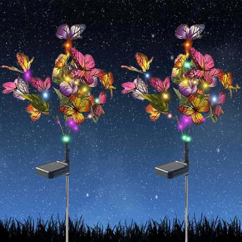 Solar Garden Lights Outdoor, Waterproof Multi-Color Changing LED Flowers Lamp, Solar Powered Garden Ornaments Gifts for Outside Yard, Patio, Pathway Birthday Christmas Decorations (2 Pack Butterfly)