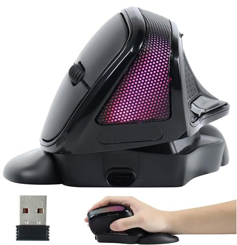 Souris sans fil, ergonomique, verticale, rechargeable, haute précision, 2,4 G, silencieuse, avec repose-poignet amovible, 6 boutons, éclairage RVB 5 niveaux pour PC, ordinateurs portables, MacBook