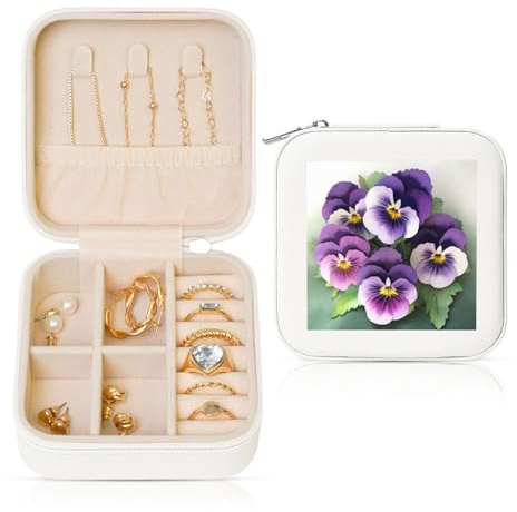 JTKREZ Pansies Flower Printed Leather Jewelry Box, White Square Jewelry Organizer for Earrings, Rings, Necklaces, Bracelets
