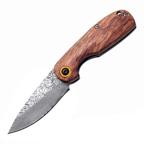 Joa Couteau de poche damassé pliant en bois - Petit couteau damassé - Couteau Tanto - En acier damassé - Couteau de chasse - Couteau de survie EDC, couteau tranchant à une main