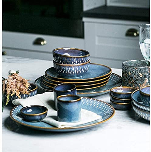 KHYTEBV Stoviglie in Ceramica, Set da tavola in Porcellana con Motivo Blu Chic, Combinazione di Ciotole, Piatti e Tazze in Ceramica, 24 Pezzi