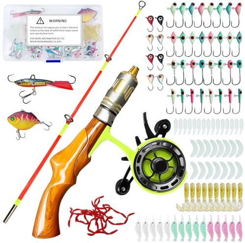 L PATTERN Juego de caña de pescar de hielo, 60 cm, caña de pescar de hielo con carrete, caña de pescar de hielo sensible, juego completo para principiantes, incluye señuelos, cebos de pesca, diestros