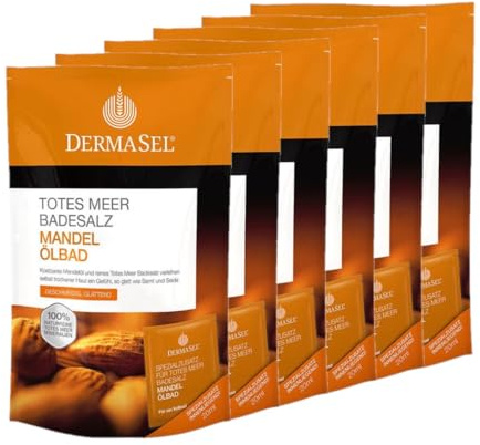 DermaSel® Totes Meer Badesalz | Mandelölbad | 400 g + 6x 20 ml | Ölbad für trockene Haut, pflegende Mineralien, reichhaltige Kernölpflege, Bad zum Verwöhnen, dermatologisch geprüft