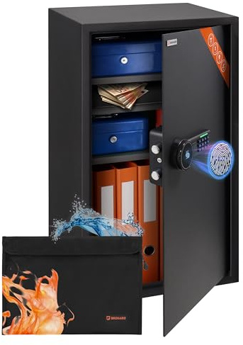 Brihard Business XXL Caja Fuerte Biométrica Grande 73x40x36cm con Ignífuga Bolsa A4, Apertura con Huella Dactilar con 3 Estantes Ajustables, Almacenamiento Seguro 102L Digital para Documentos y Dinero