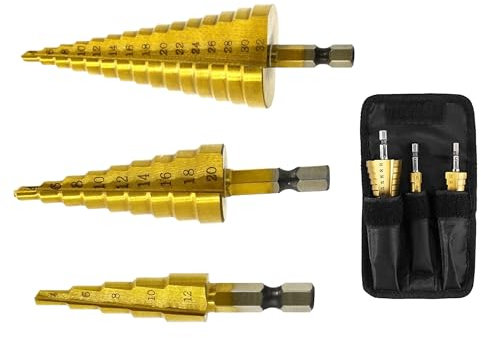 3PCS HSS Step Bits, High Speed Steel Step Drill Bits Set - (4-12mm, 4-20mm and 4-32 mm) Cone Drill Bits Hole Cutter for DIY Plastic Wood Metal Aluminum Copper