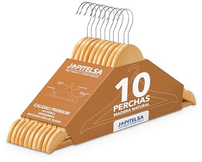 JAPITELSA - Pack de Perchas de Madera en Color Natural. Diseñadas con Gancho Giratorio de 360º, Soporte para Pantalones y Colgador Antideslizante, Trajes, Vestidos, Chaquetas y Camisas (10)