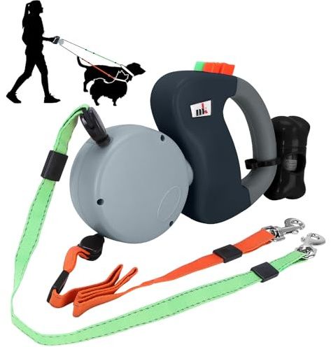 Doppelte Einziehbare Hundeleine Makife Dual Doggie Pet Leash Hundeleine Automatische Hund Versenkbar Leine Einziehbare 3m Geeignet für Kleine Mittelgroße Hunde Wandern Joggen 15pcs Hundekotbeutel Grau