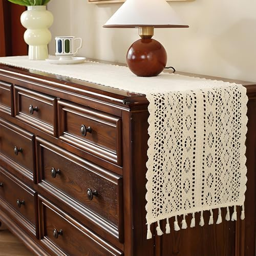 Tischläufer,RoadLoo 30x120cm Beige Makramee Tischläufer Boho Spitze Boho Tischwäsche Langen Quasten Table Runner für Party Hochzeit Esstisch Dekor für Küche Essen Urlaub Party Dekoration Tablerunner
