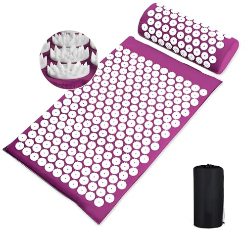 Acupressure Mat and Pillow Set, Acupuncture Mat for Back, Neck, Feet Pain Relief Muscle, Stress Reduction, Spike Massage Mattress with Travel Bag for Men Women, Targets Pressure Points (Purple)