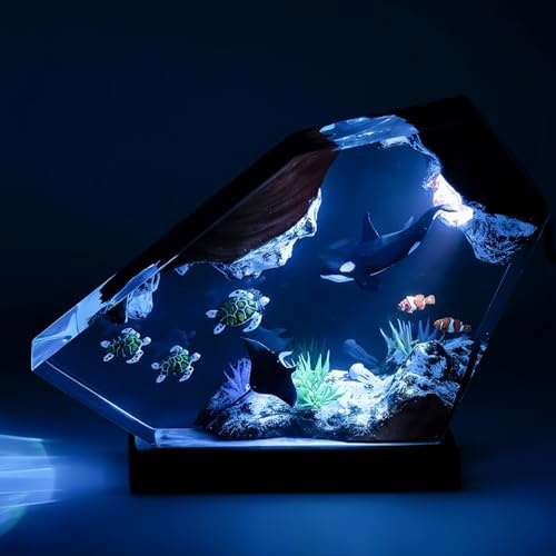 Drawelry LED Océan Veilleuse en Résine Epoxy avec Bois Base USB Table Lampe Décoration 3D Océanique Plongeur Baleine Requin Night Lights Ornements pour Bureau Maison Chambre Déco (A6, M)