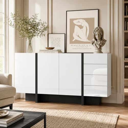 OLIVIBED Moderne Hochglanz Sideboard, Wohnzimmerschrank mit 4 Schubladen und 3 Türen, Minimalistischer Highboard für Schlafzimmer, Wohnzimmer & Ankleidezimmer, Weiß, 150x40x80cm