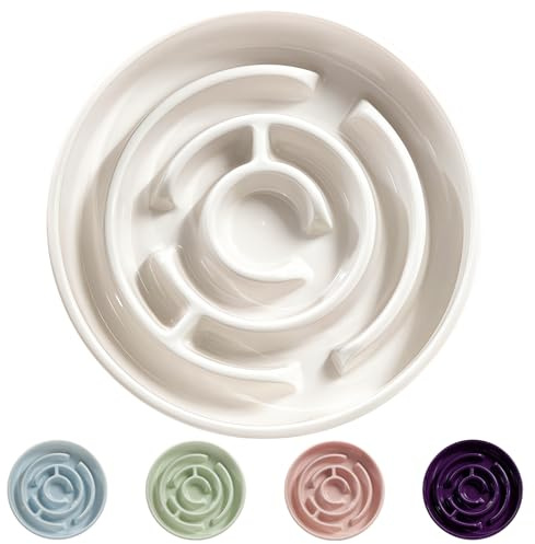 Ceramic Slow Feeder Dog Bowl,1.5 Cups Pet Slow Feeder for Small and Medium Breed,Puzzle Dog Food Dish,Anti-Gulping,Stop Bloat,Preventing Choking(White)