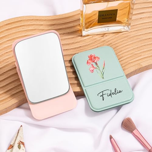 Kenon Personalisierter Taschenspiegel, individueller Taschenspiegel mit Geburtsblumen, Reise-Make-up-Spiegel für Mädchen, Frauen, Brautjungfer, Mutter, Geschenk für sie
