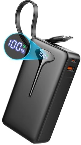 Power Bank, 22.5W Klein Powerbank Schnellladefunktion 10000mAh integriertem USB-C-Kabel & USB A & Bidirektionalem USB C, Externe Handyakkus Akkupack für iPhone 17 16 Xiaomi Samsung iPad Travel Outdoor