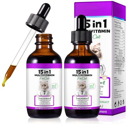 15-in-1-Multivitamintropfen für Katzen 2x60ml, Vitamine und Nahrungsergänzungsmittel– Flüssige Multivitamine für Katzen unterstützen die Immungesundheit sowie die Hüft- und Gelenkgesundheit