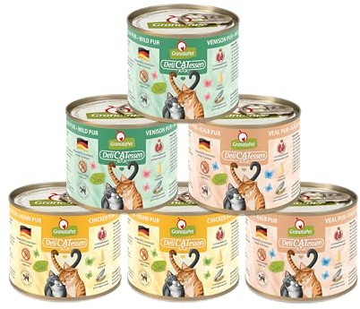 GranataPet Delicatessen Multipack 2 PUR, cibo umido per gatti in pacchetto di prove, alimento completo senza cereali, cibo per gatti ad alto contenuto di carne e oli di alta qualità, 6 x 200 g