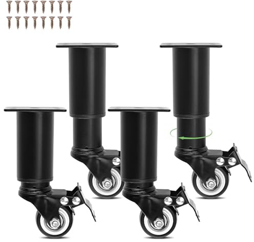 Homtone 4 Stück Höhenverstellbare Möbelfüße Tischbeine mit Rollen 14-16 cm | 360 Grad Drehbar und Beweglich Möbelfüße Metall mit Bremse, Kaltgewalzter Stahl Tischbein, für Sofa, Schrank, Tisch