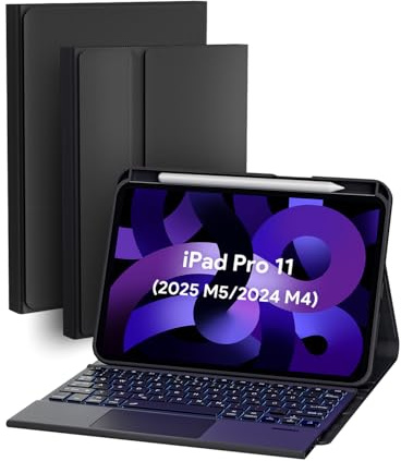 Doohoeek Schutzhülle mit Tastatur für iPad Pro 11 Zoll M5/M4 (2025/2024), Bluetooth Kabellose Beleuchtete Abnehmbare Tastatur mit Multi-Touch Trackpad, QWERTZ, Schwarz