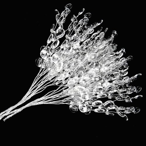 Fooduck 50pcs Crystal Bud Branches Acrylic Bead Drop Stems, Flower Twig Picks for Wedding, Home DIY Crafts and Floral Arrangements