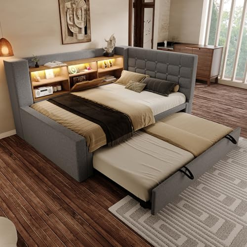 IHO SOFA Jugendbett Polsterbett Tagesbett 90x200cm mit Ausziehbett 90x190cm | Jugendbett L-förmiges Kopfteil beidseitig montierbar | Daybett, Gästebett mit Lattenrost, Grau (Ohne Matratze)