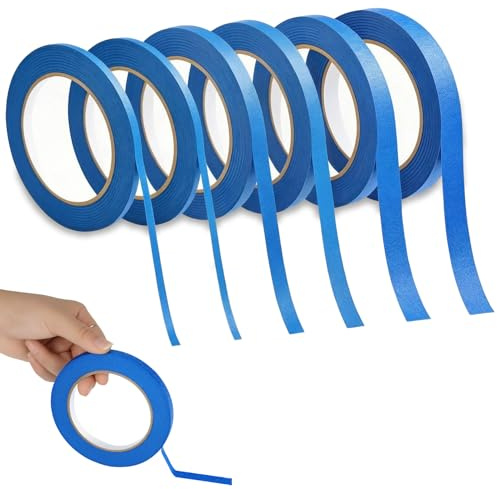 6 Rouleaux de Ruban de Masquage Peinture 5mm/8mm/10mm/12mm x 5 m, Ruban Crépon Large, Ruban de Masquage Bleu Fin, Ruban Décoratif pour Auto École Bureau DIY