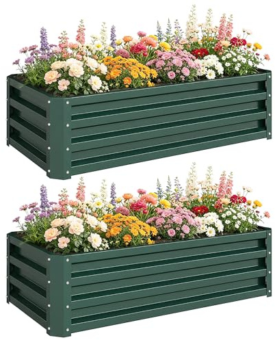 Outsunny Juego de 2 Jardineras Exterior Grandes de Acero Galvanizado, Huertos Urbanos, Maceteros Exterior Elevados para Plantas, Flores, Terraza, Jardín, Resistente a la Intemperie, 110x50x30 cm Verde