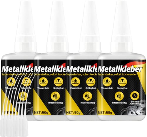 4x50g Sekundenkleber Metall extra stark, Metallkleber extra stark wasserfest, hitzebeständig, transparent, mit Nadel Verschluss gegen Austrocknung, Metall Kleber zum Verkleben von Metallen aller Art