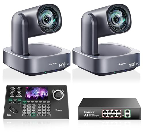 Tenveo Kit Telecamera PTZ e Controller - 2 Telecamere NDI Zoom Ottico 12X e AI Tracking (LAN/HDMI/USB3.0), Controller Joystick NDI con Schermo da 5 e Switch di Rete PoE Gigabit a 8 Porte