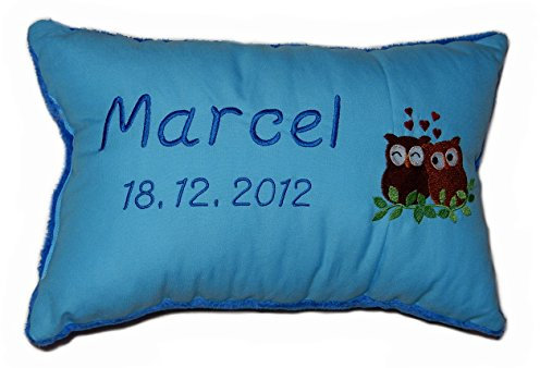 Momelie Blaues Schmusekissen * Kuschelkissen * Eulen * mit Namen Bestickt * 17 x 29 cm * SK-bl_0068