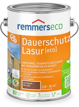 Remmers Dauerschutz-Lasur [eco] nussbaum, 2,5 L | Langlebiger Schutz vor UV-Strahlung & Feuchtigkeit | geeignet für innen und außen | tuchmatt