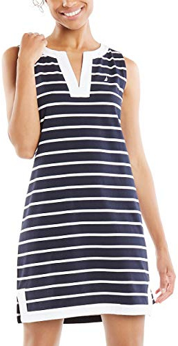 Nautica Dam Breton Stripes ärmlös V-hals stretch bomull pikéklänning ledig klänning, marinblå, M