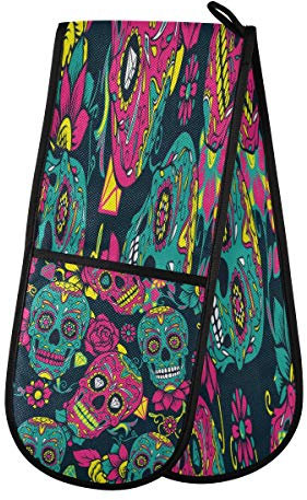 AUUXVA BIGJOKE Gant de four double matelassé en coton Motif crâne mexicain Imprimé chatons de four Résistant à la chaleur pour griller, barbecue, poêles et poêles