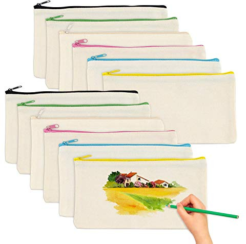 EKKONG 12 Stück Blanko Stoffbeutel, Blanko Stoff Federmäppchen, Kosmetiktasche für Leinwandreisen, Schulstiftetui, Federmäppchen mit Großer Kapazität, Dokumententasche, DIY-Geschenk, 21x12cm (A)