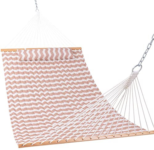 Lazy Daze Hammocks 12 FT Quilted Hammock with Spreader Bar, 2-Person Double Hammock with Chains and Pillow, Outdoor Hammock for Outside Patio Poolside Backyard Beach, 450 lbs Capacity, Beige Wave