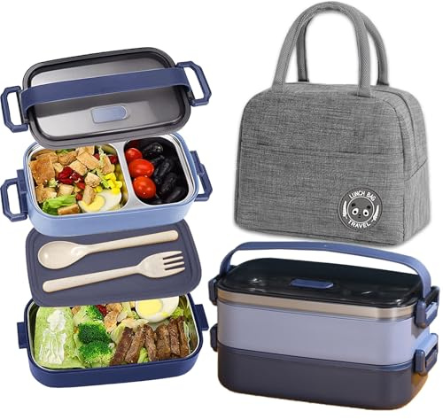 Haoh Bento Lunch Box avec Sac Lunch, 1100ml 2 Etages Boite Repas avec Compartiments Inox, Hermétique Boîtes Bento pour Pique Nique, Travail, Goûter, Ecole(Bleu)