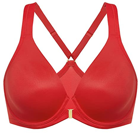 Delimira Women's Front Fastening Bras Seamless Unlined Racer Back Plus Size Underwired Plunge Bra Lipstick Red 38G
