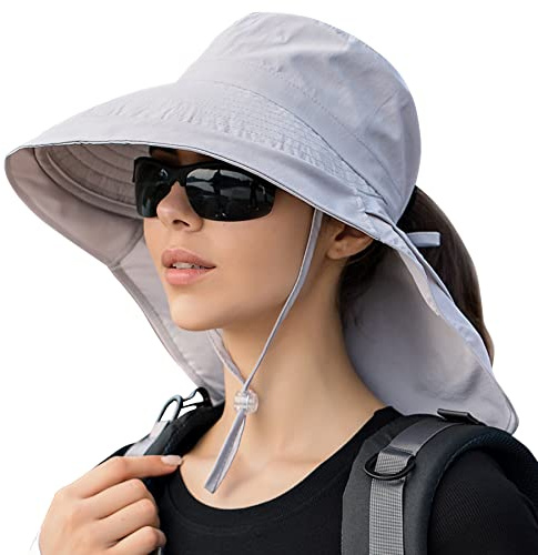 AIEOE Sonnenhut mit breiter Krempe für Damen, UV-Schutz Kappe mit Loch Pferdeschwanz Wandern Radfahren Berg Reisen, grau, One size