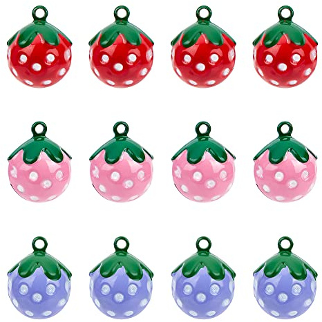 GORGECRAFT 12 Stück Erdbeerglocke Mini-Rosa Erdbeerform Kupfer-Glöckchen Backen Bemaltes Messing Glöckchen-Anhänger Erdbeer-Charms Für Schmuckherstellung Handwerk Festival Party Haustier-Halskette