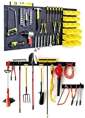 WallPeg PK-160 Pegboard Wall Organizer - Garden Tools Storage - Black Plastic Metal Pegboard Kit with Bins, Hooks & Mounting Kit