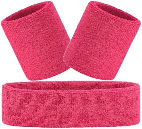 Hatstar 3-teiliges Schweißband Set | Schweißbänder für Handgelenk und Kopf | Stirnband für Damen & Herren (pink)