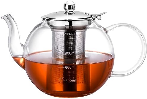 Théière Zpose Classica - 1200 ml Theiere avec Infuseur amovible en acier inoxydable, Théière en verre résistant à la chaleur, Parfait pour le thé en feuilles ou les fleurs de thé