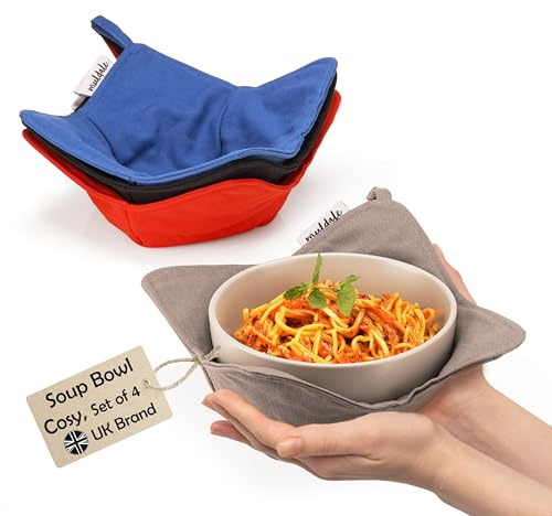 Muldale Microwave Bowl Holder for Soup - Microwave Bowl Cosy Set of 4 Machine Washable - Dish Hugger for Hot Food - Heat Resistant - Dish Cosies