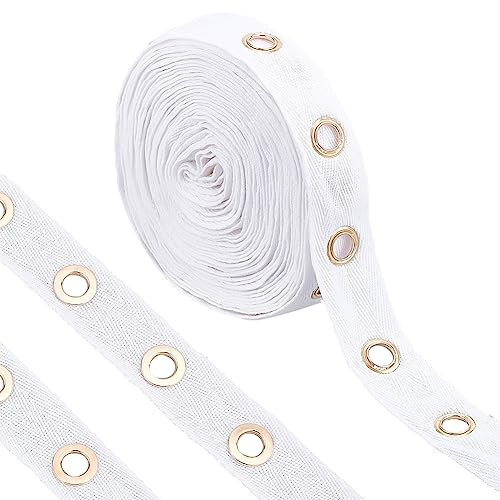 BENECREAT Nastro In Twill con Occhielli In Cotone Bianco Da 5.5m e 25mm, Striscia di Nastro Ad Anello con Occhiello In Metallo Oro Chiaro Da 8 mm per La Realizzazione di Lavori di Cucito