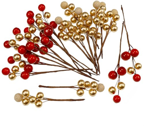 Lorigun 20 Stück künstliche Beeren, künstliche Stechpalme Beeren Picks Dekorationen Weihnachtsbaum, Weihnachten Beerenstiele für Handwerk DIY Tür Kranz Gold rot gefälschte Beere Zweige Decor Home