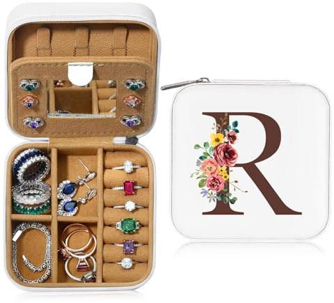 TINGN Initiale Schmuckkästchen Kleine Schmuckkästchen mit Namen Initiale R und Blume Schmuckkästchen Travel Organizer Box mit Spiegel für Damen Mädchen Geschenk für Geburtstage, Weihnachten, Muttertag