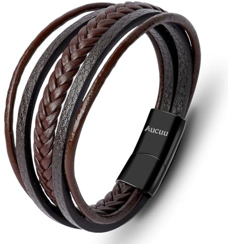 Aucuu Lederarmband für Männer, Herren Armband, Wickelarmband mit Magnet Verschluss, Geflochten Leder Armreif Schwarz | Magnetverschluss aus Edelstahl | Inklusive Schmuckschachtel |Geschenk für Männer